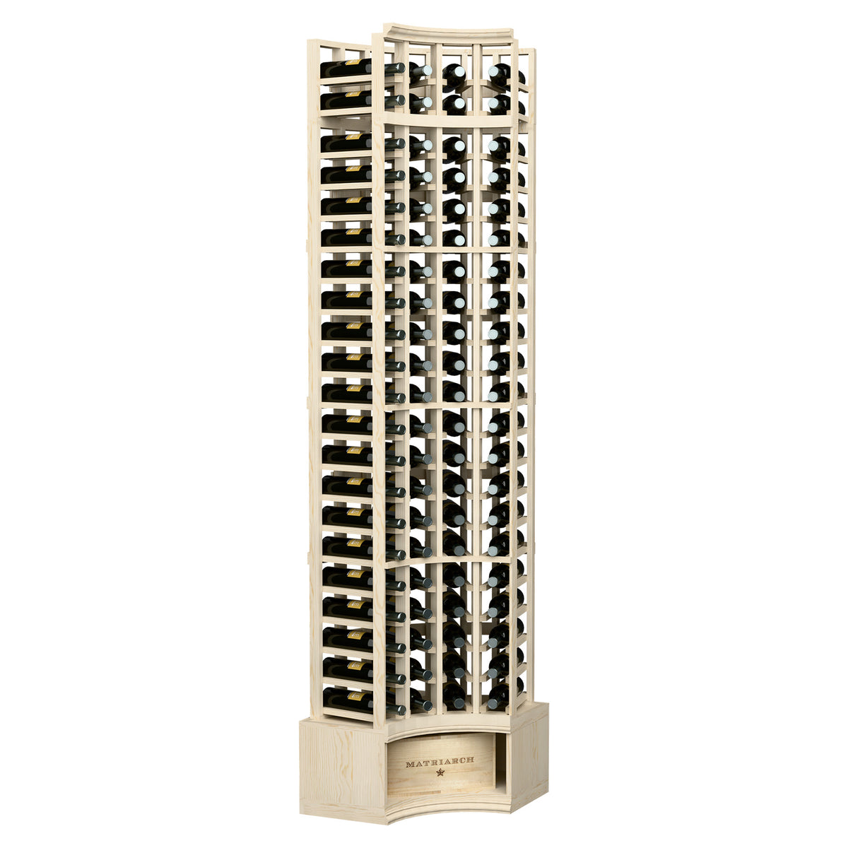 Whitewashed 4-column corner wine bottle rack, tall cabinet-style with curved bottle slots