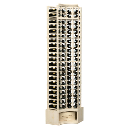Whitewashed 4-column corner wine bottle rack, tall cabinet-style with curved bottle slots
