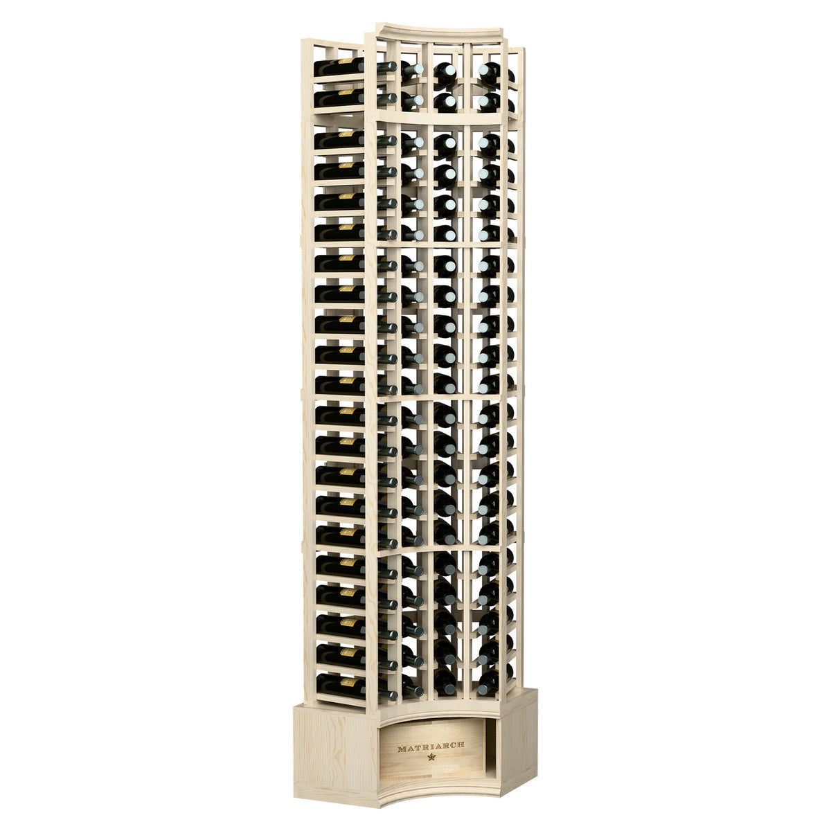 White 4-column corner wine bottle rack with curved corner design and bottle storage