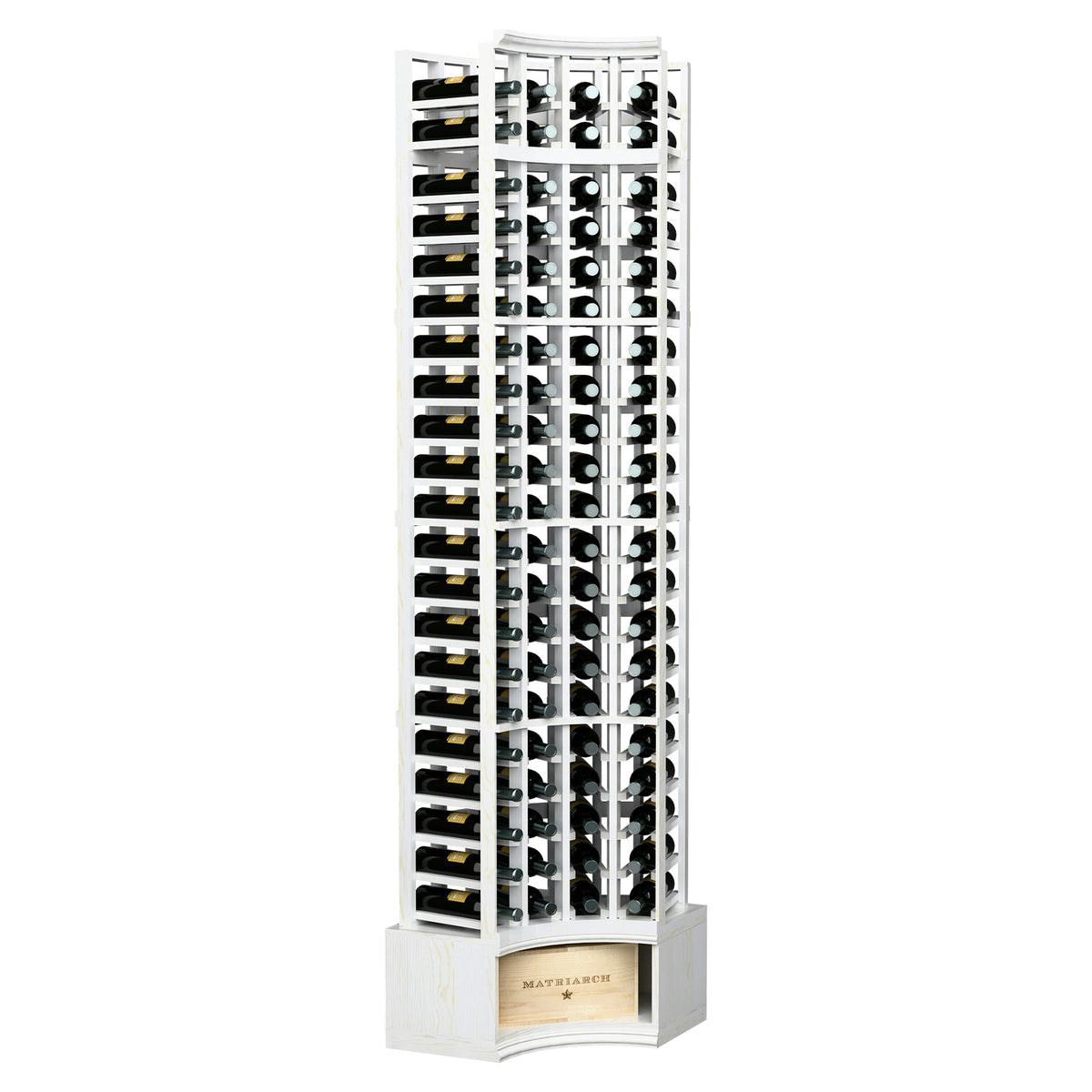 Light whitewashed 4-column corner wine bottle rack with curved layout and bottle openings