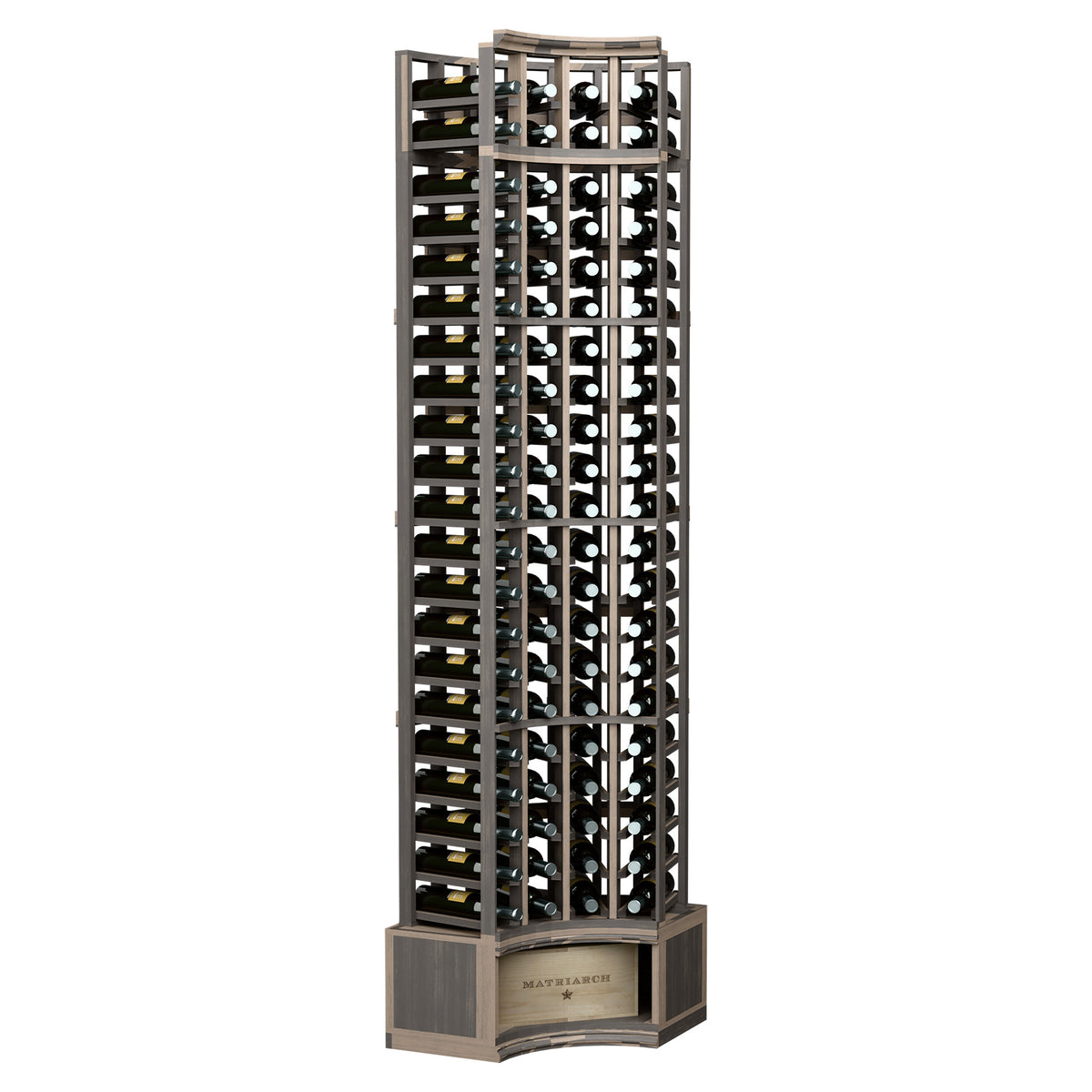 Dark wine bottle rack with curved corner frame and 4-column grid