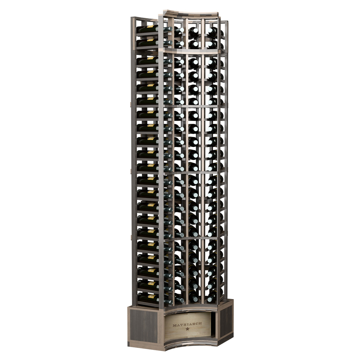 Black wine bottle rack with curved corner frame and 4-column bottle grid
