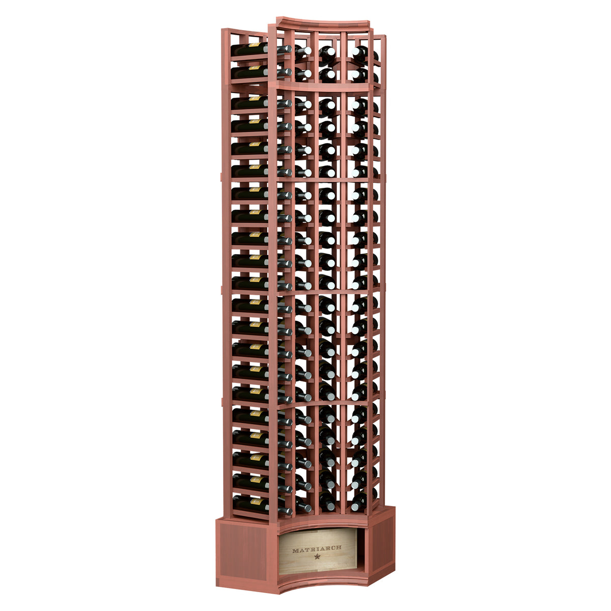 Red-brown wine bottle rack with curved corner frame and 4-column bottle grid