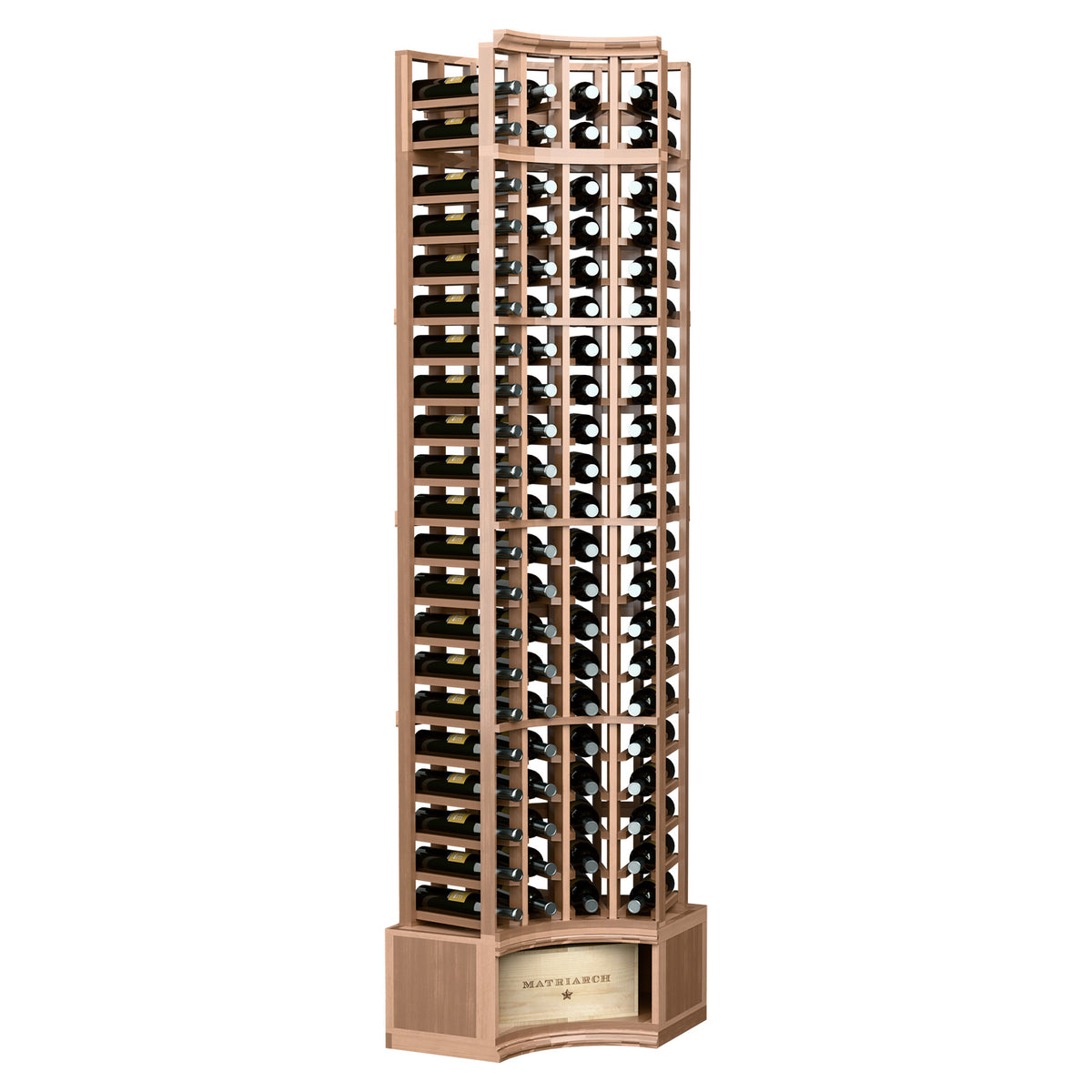 Wheat-colored wine bottle rack with curved corner frame and 4-column bottle grid