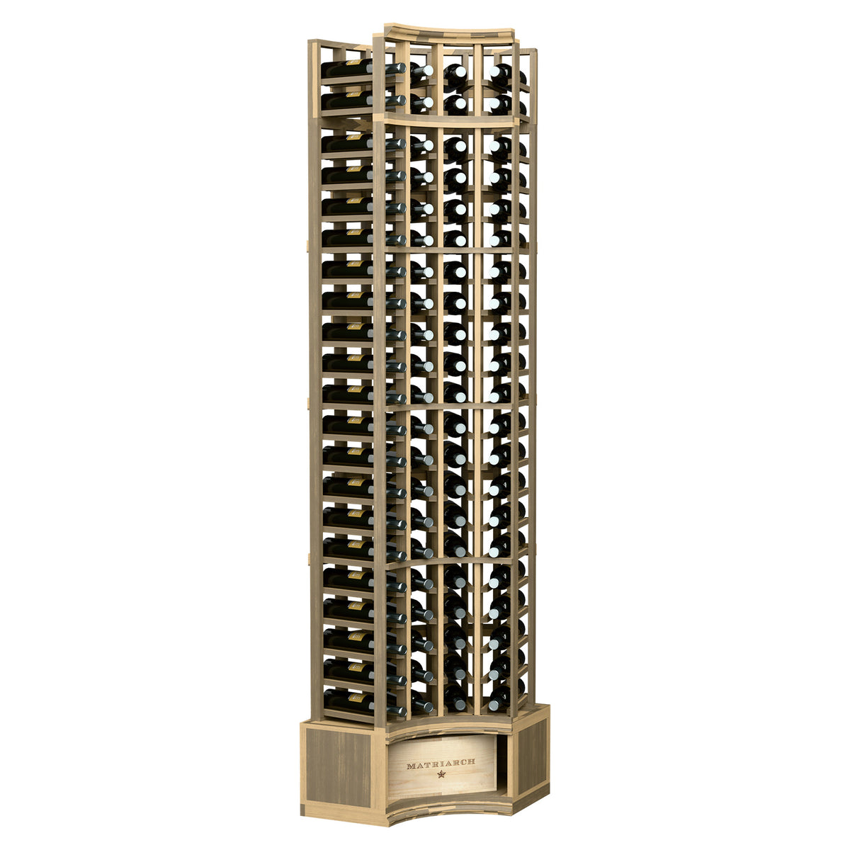 Honey wood wine bottle rack with curved corner frame and 4-column bottle grid