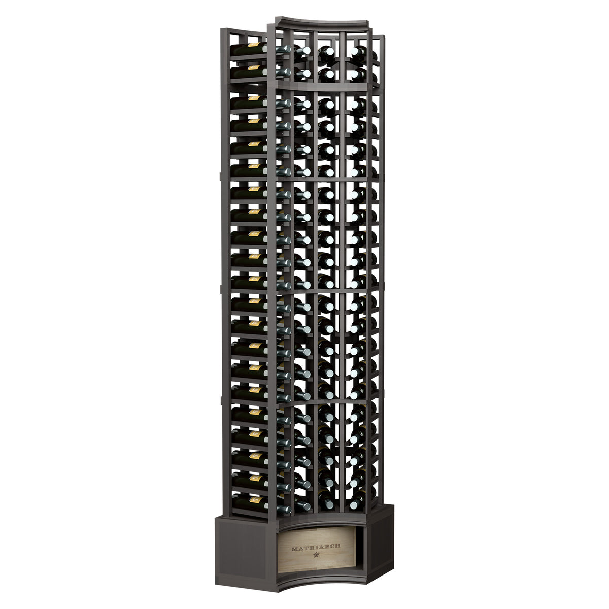 Dark gray wine bottle rack with curved corner frame and 4-column bottle grid