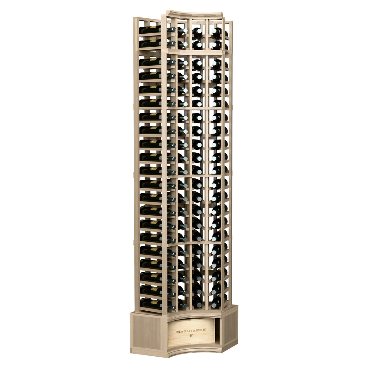 Wine bottle storage rack with curved corner design, whitewashed wood frame and bottle slots