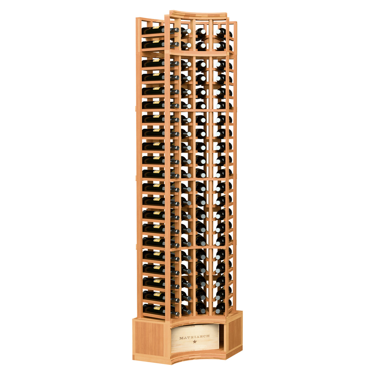 Wine bottle storage rack with curved corner design, warm wood frame and black bottle rows
