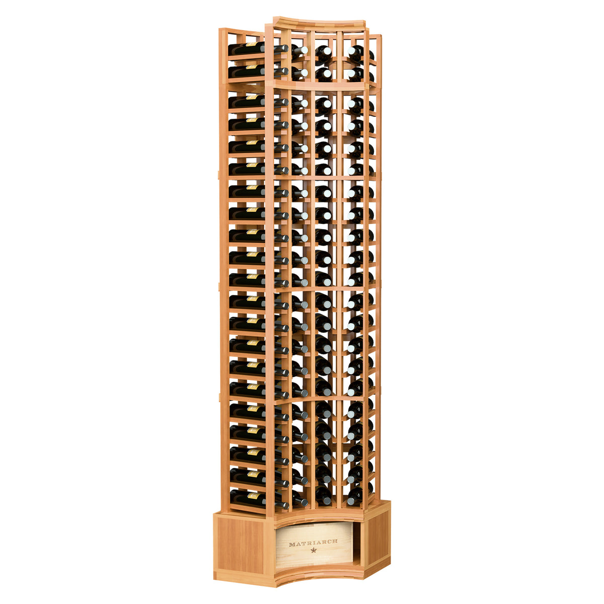 Wine bottle storage rack with curved corner design, honey wood frame and grid bottle holders