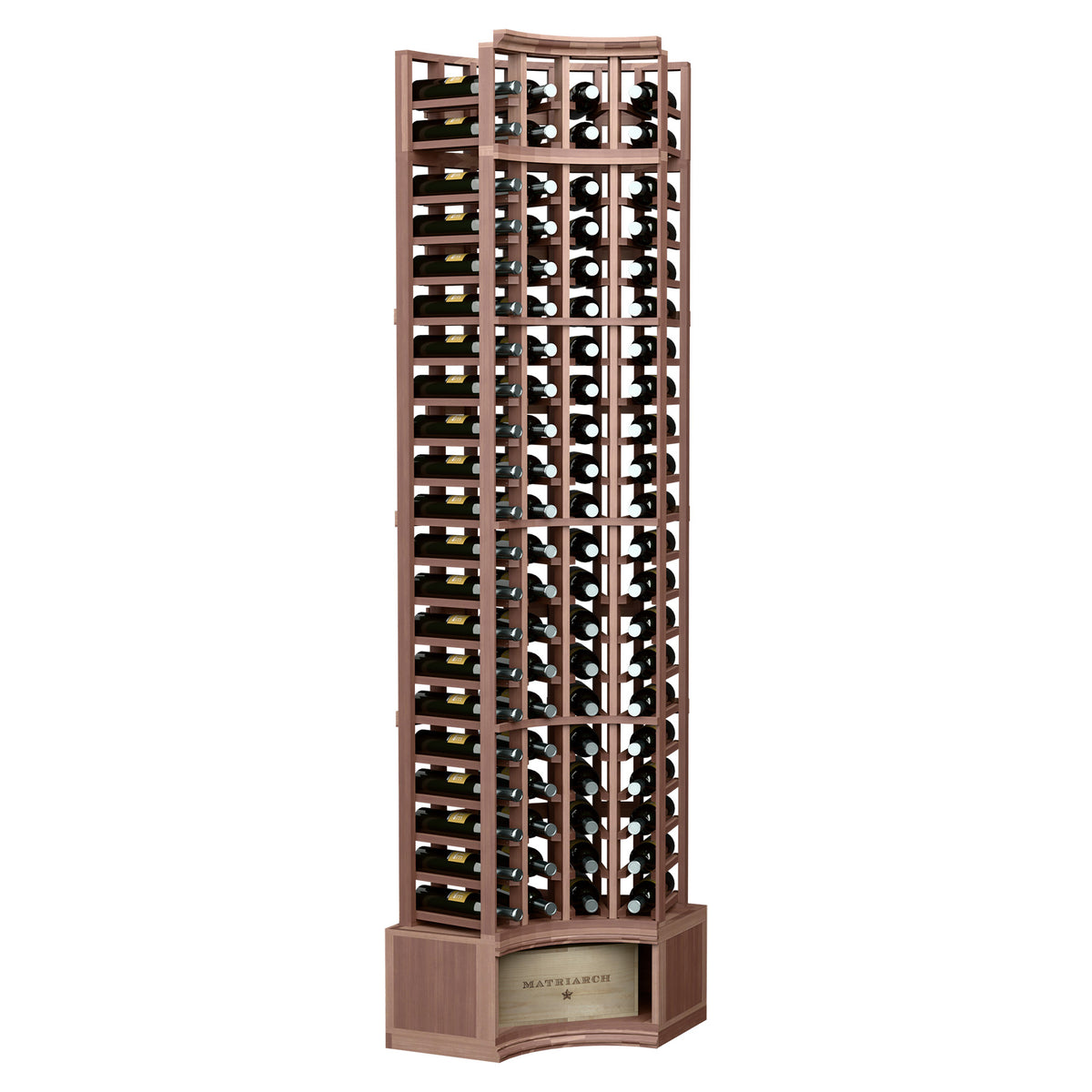 Wine bottle storage rack with curved corner design, dark wood frame and black bottle racks