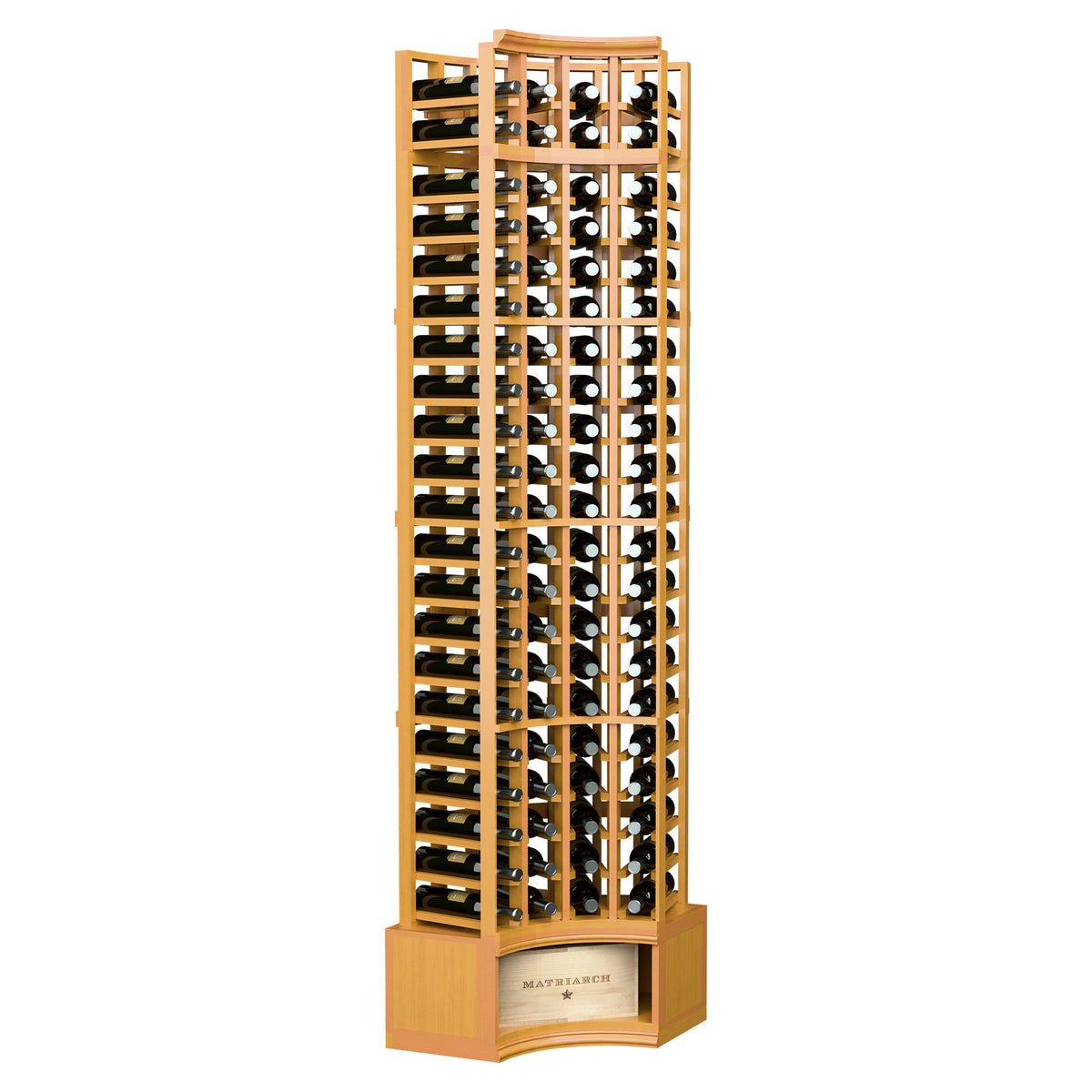 Wine bottle storage rack with curved corner design, light wood frame and two-sided bottle storage