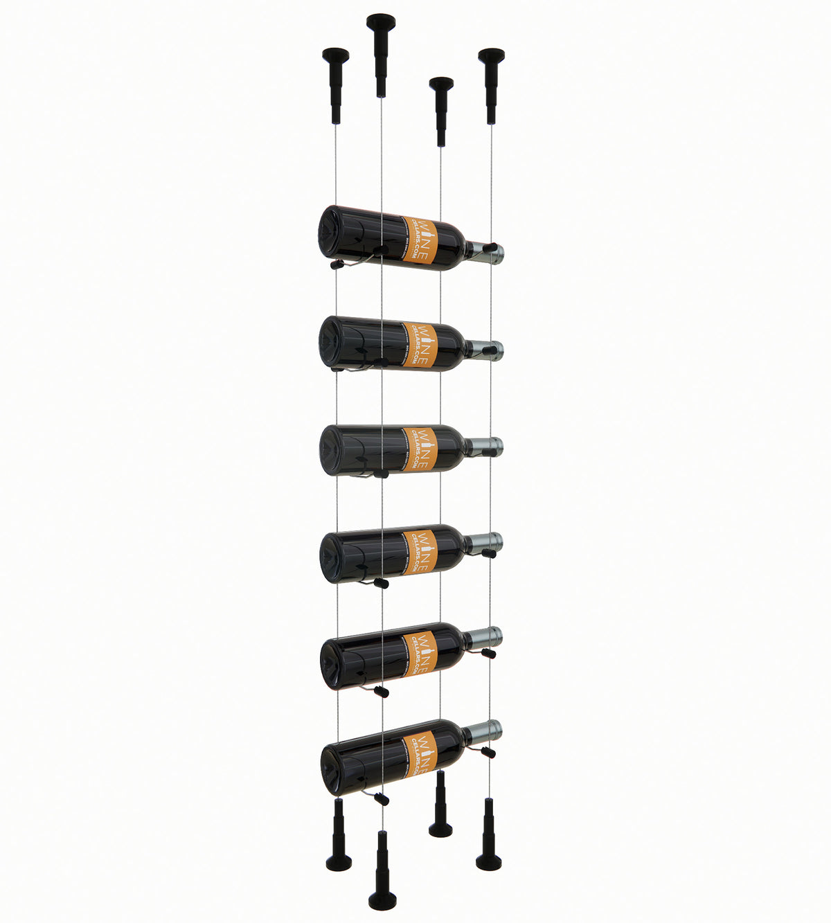Black cable wine rack holding 6 bottles with black posts and end feet