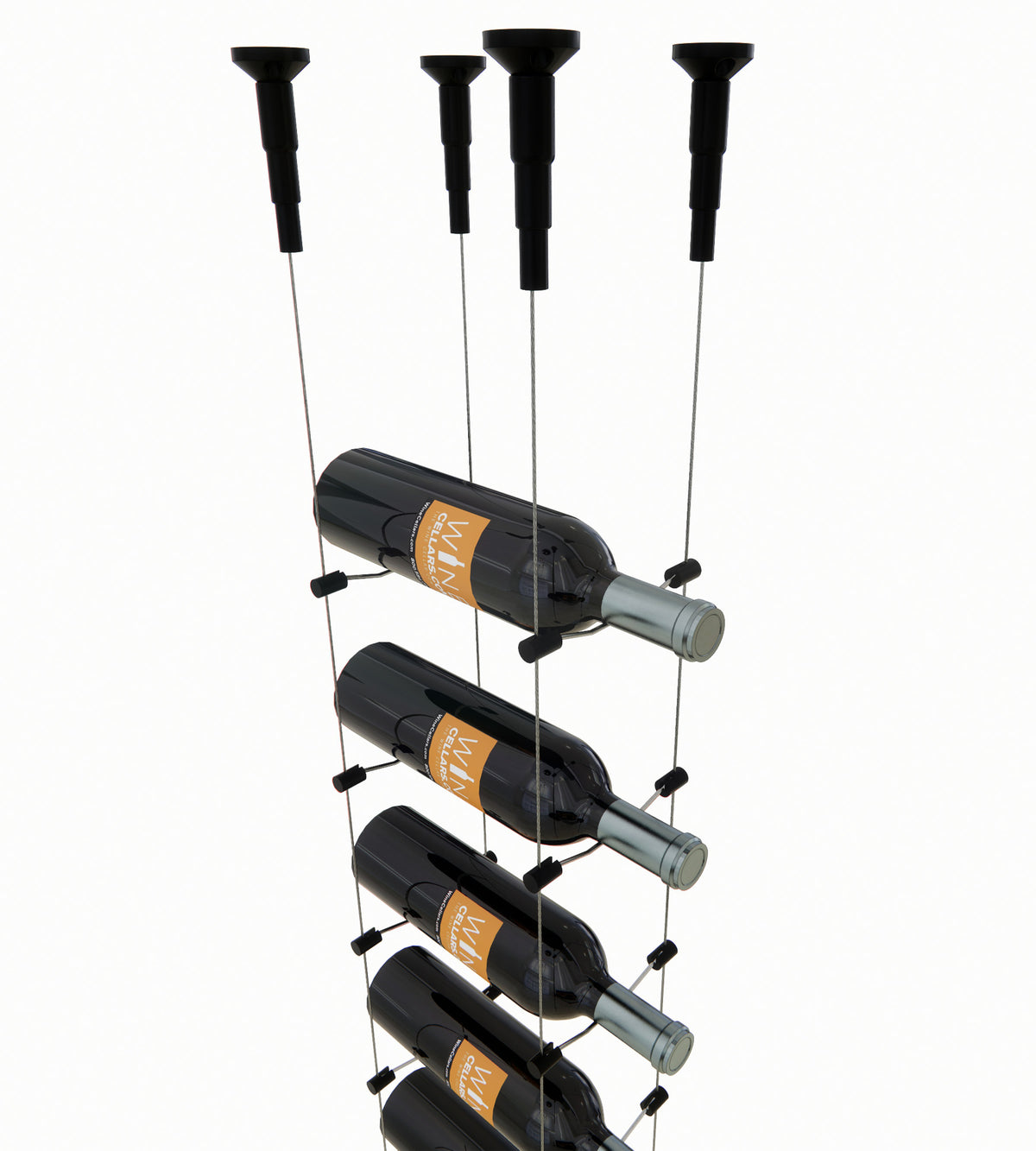 Black cable wine rack with 6 bottles, black top posts and clear supporting wires
