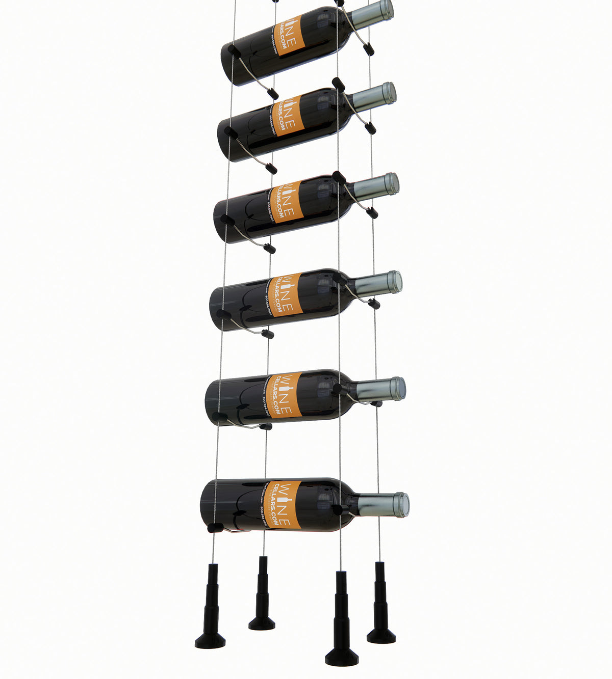 Close view: black cable wine rack holding 6 bottles with black bottle supports