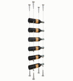 Chrome cable wine rack holding 6 bottles with silver posts and clear suspension wires