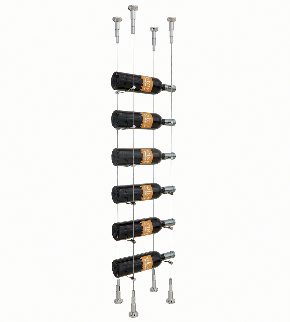Chrome cable wine rack holding 6 bottles with silver posts and clear suspension wires