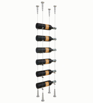 Chrome cable wine rack holding 6 bottles with silver posts and clear suspension wires