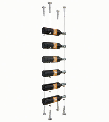 Chrome cable wine rack holding 6 bottles with silver posts and clear suspension wires