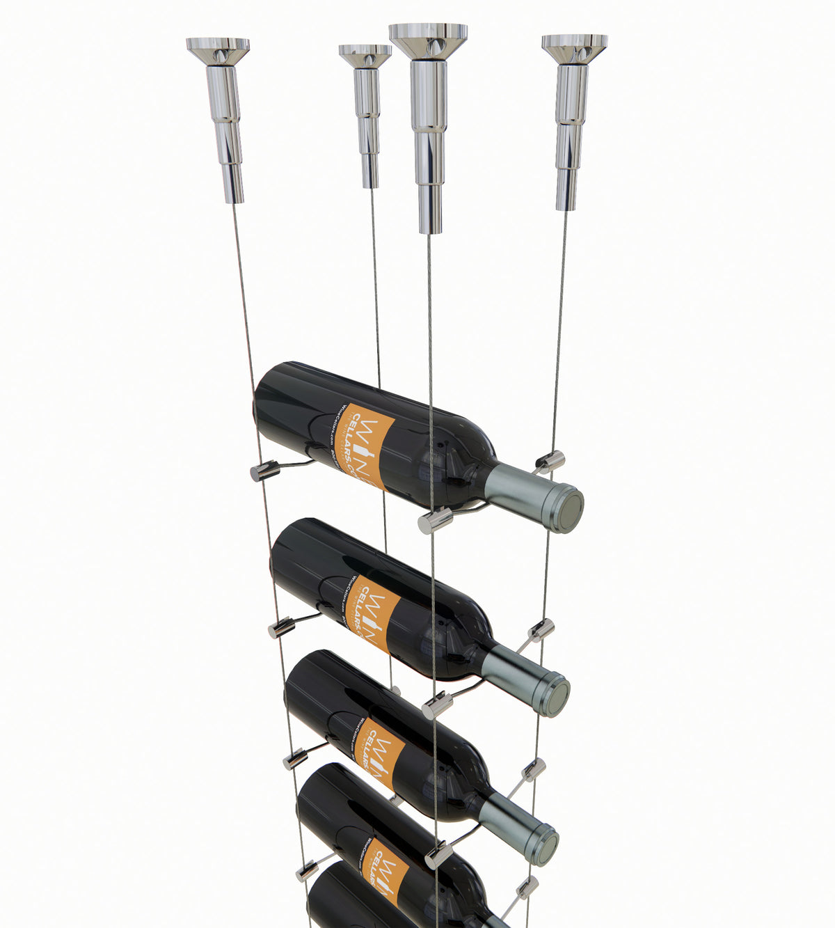 Chrome cable wine rack with 6 bottles on clear cables and silver supports