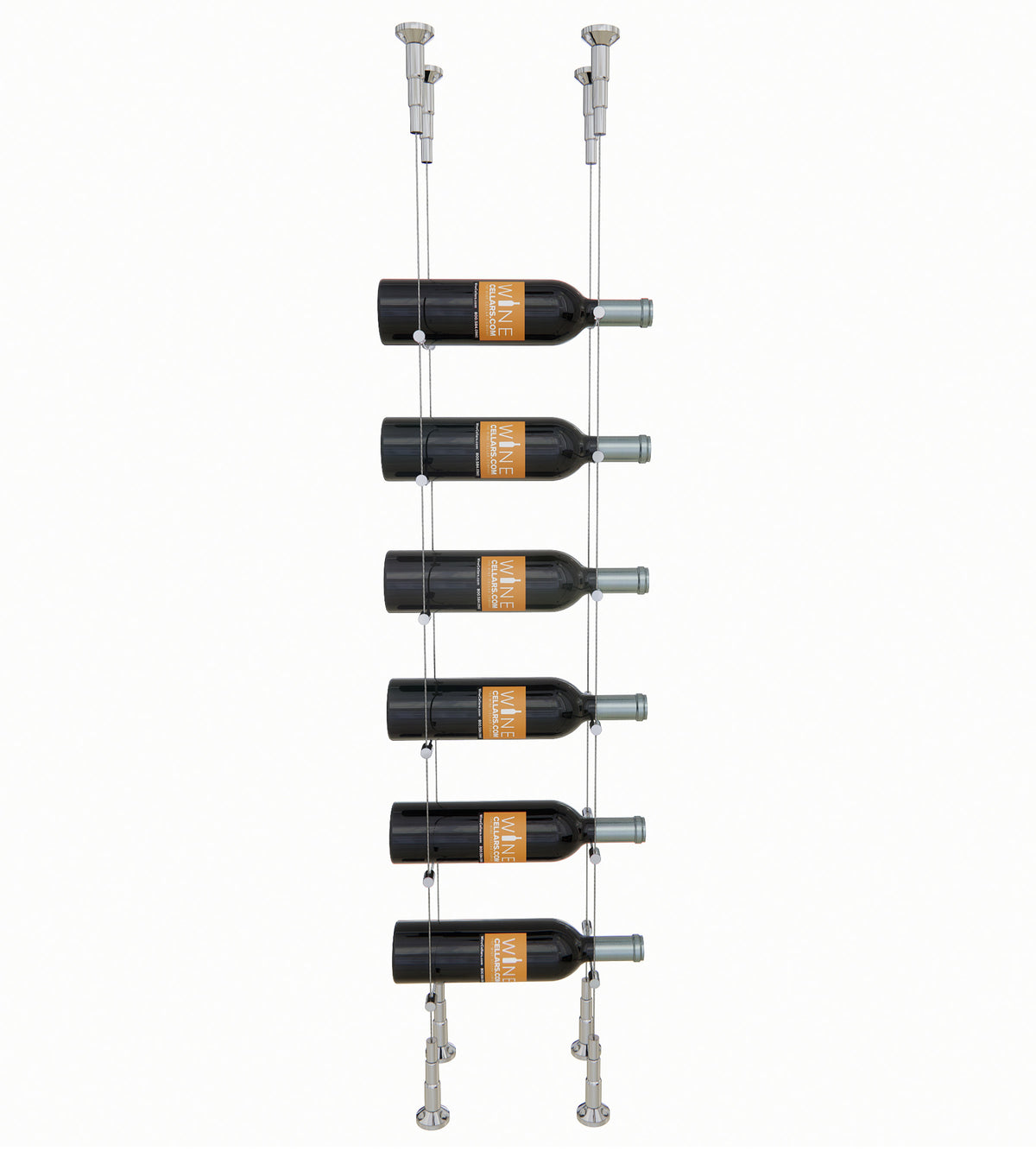 Chrome cable wine rack with six bottles on horizontal holders and silver top mounts