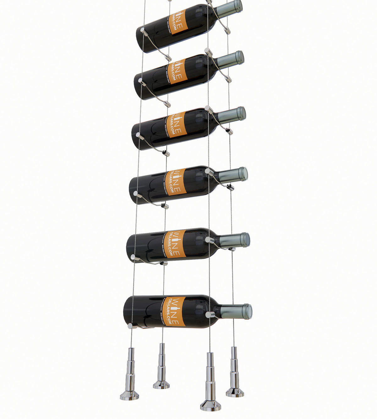 Close view: chrome cable wine rack holding 6 bottles with silver posts