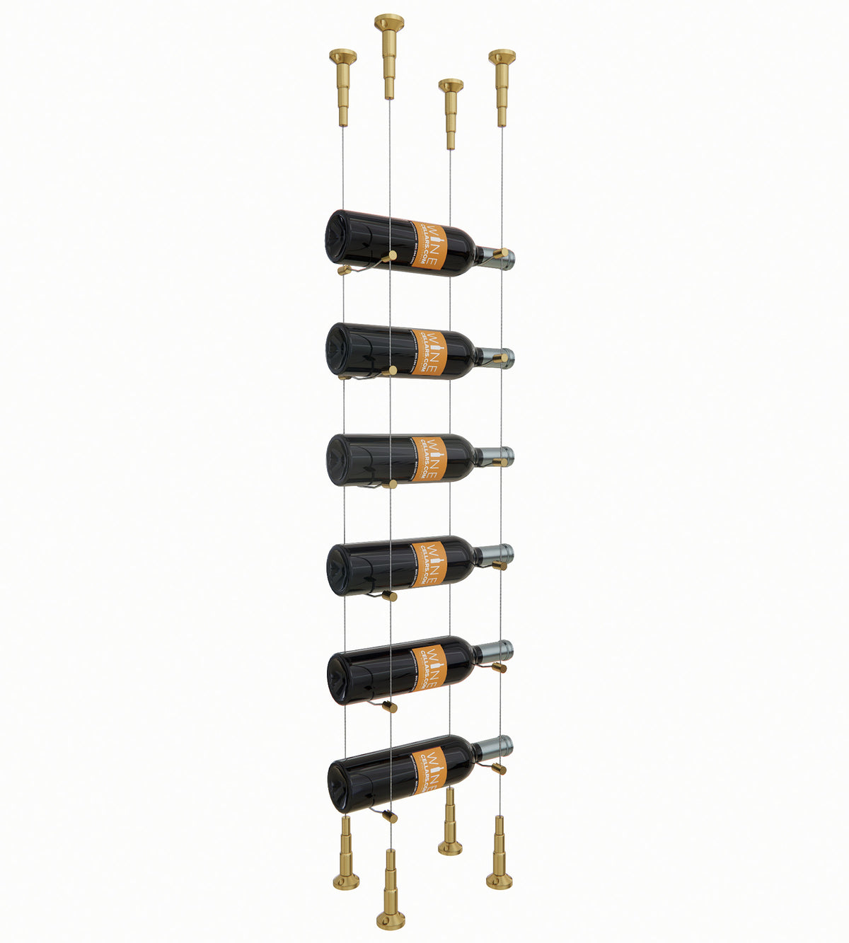 Golden bronze cable wine rack holding 6 bottles with brass-toned posts