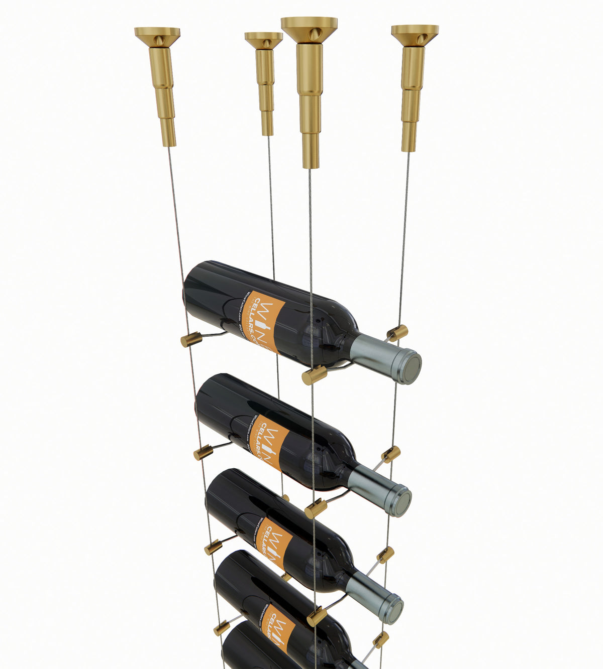 Golden bronze cable wine rack with 6 bottles on clear cables and brass-toned supports