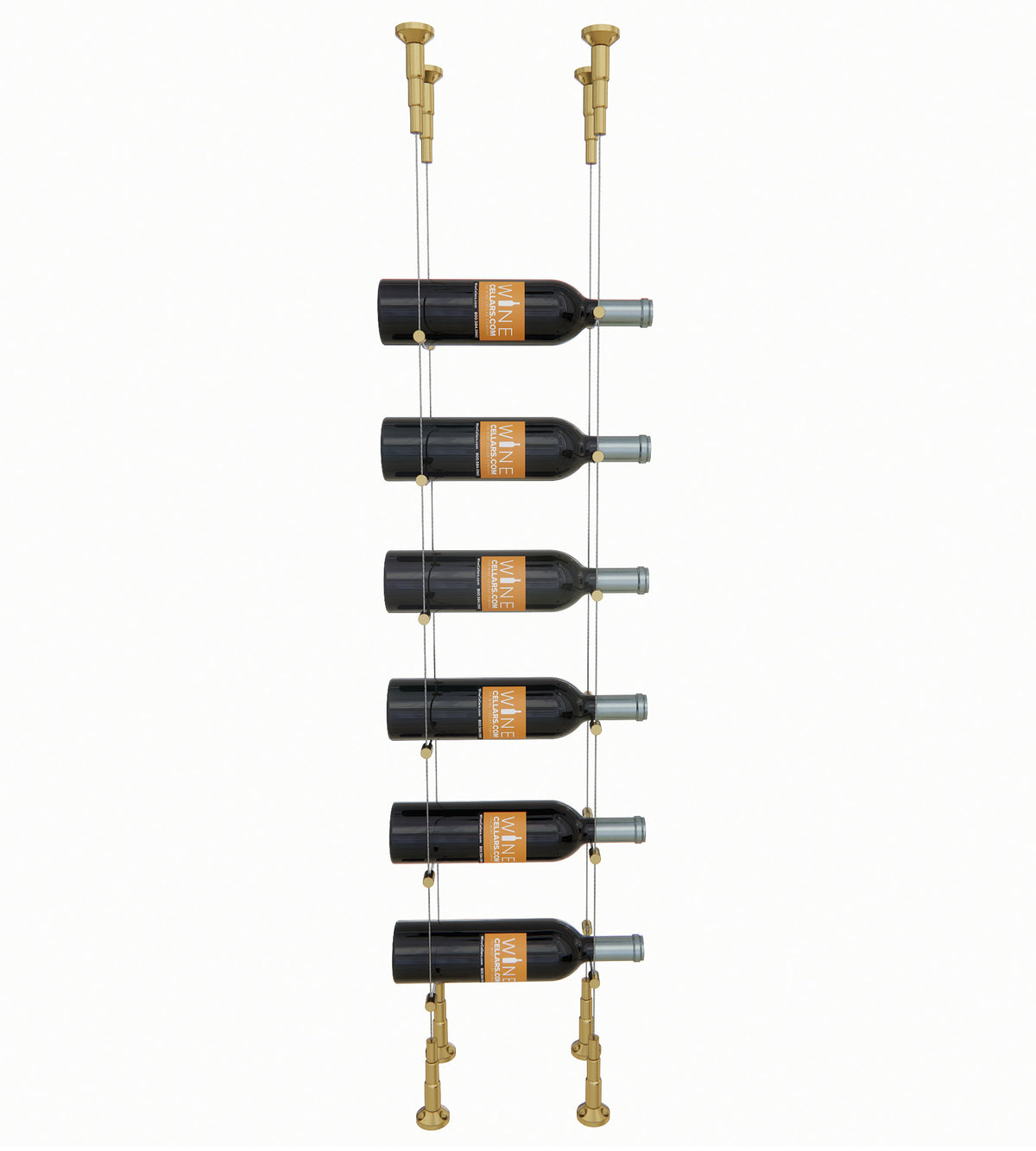 6-bottle cable wine rack with golden hardware, hanging bottles on wire frame