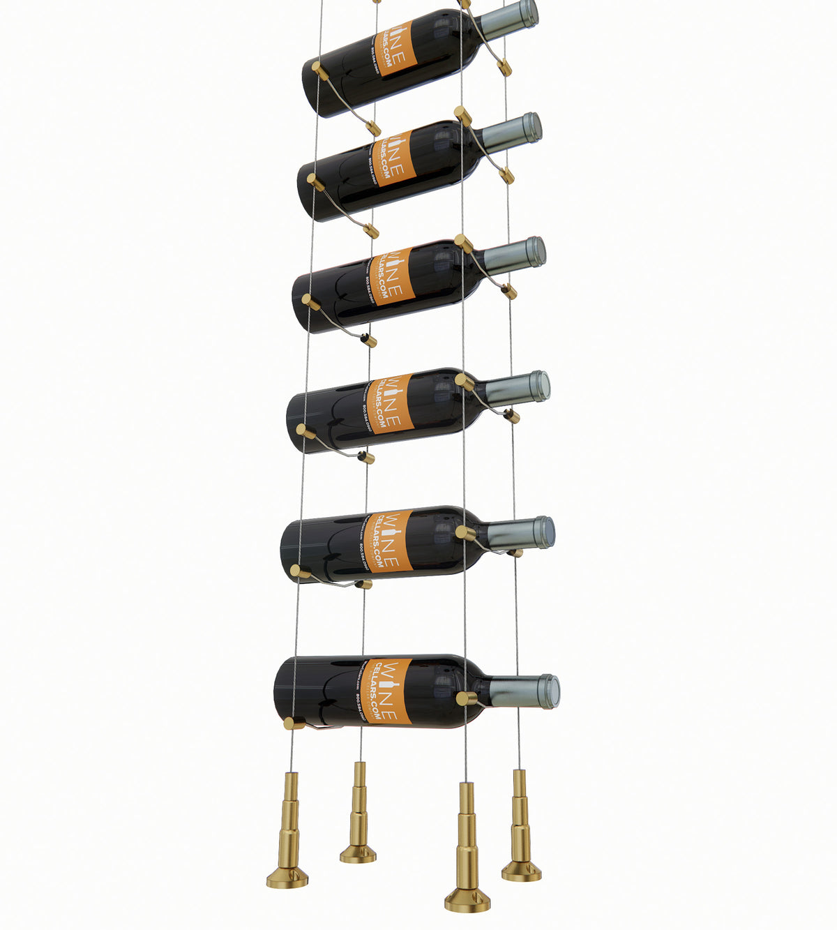 Hanging 6-bottle wine rack on cable lines, golden bronze posts and bottle necks