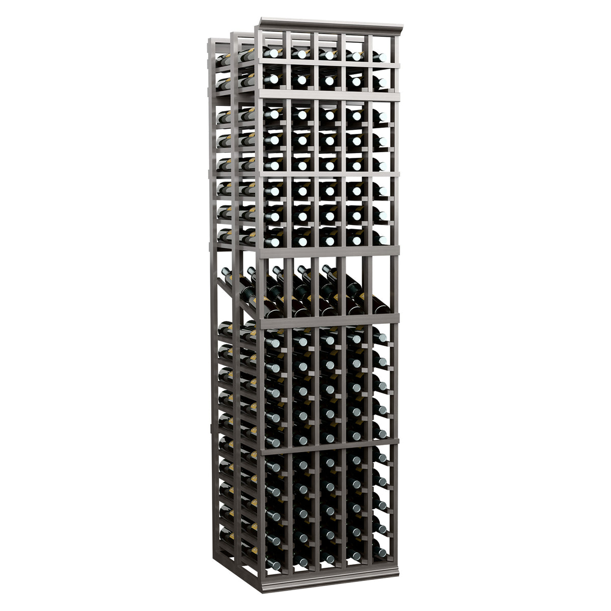 5-column double-deep wine display rack in grey finish with bottle slots