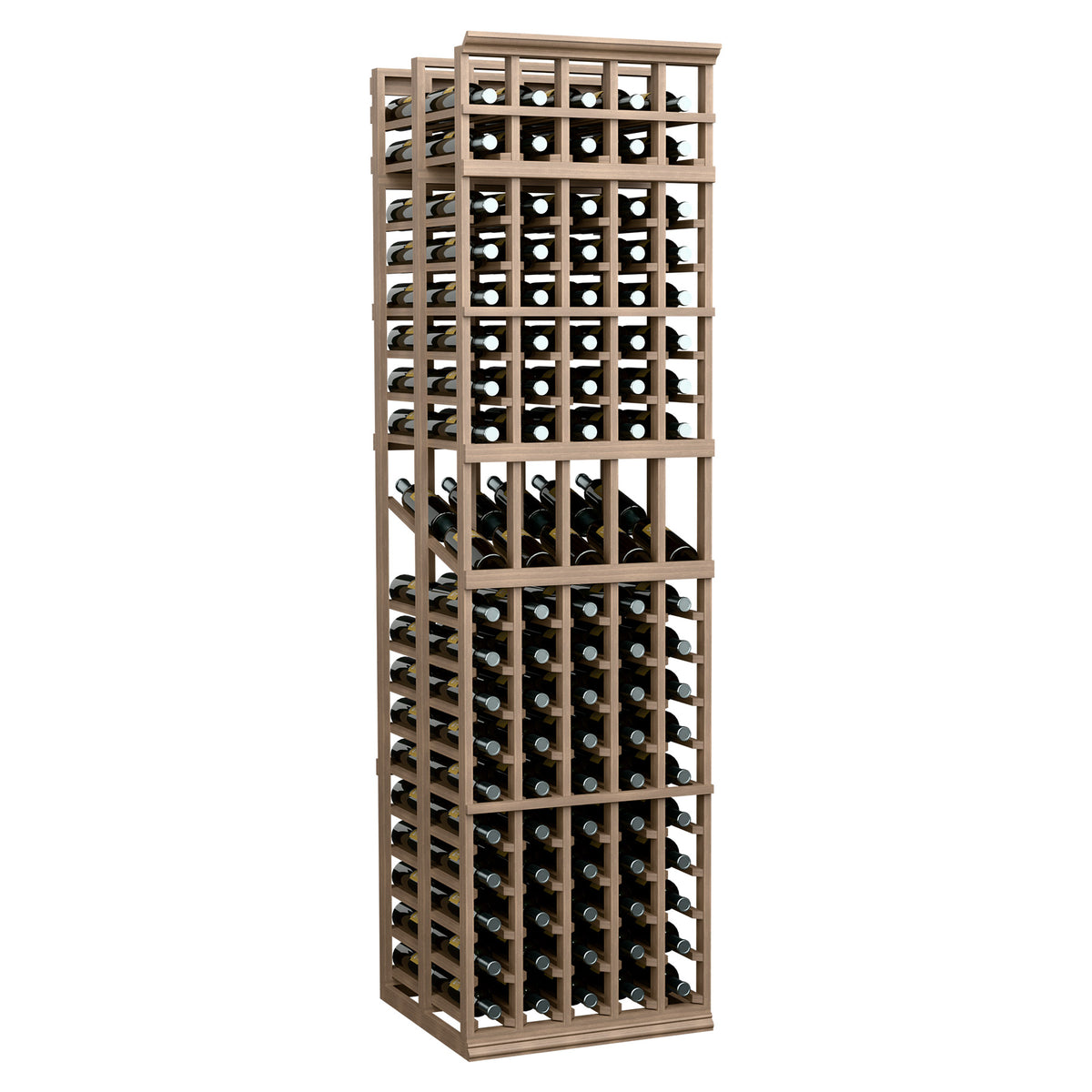 5-column double-deep wine display rack in medium brown finish with bottle slots