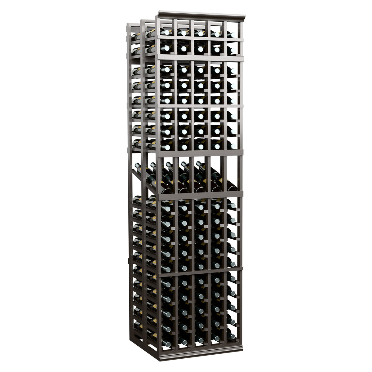 5-column double-deep wine display rack in grey finish with bottle slots