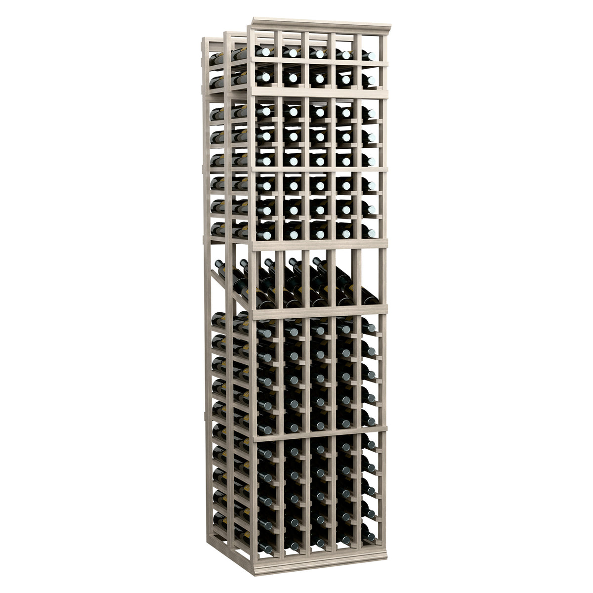 Light wood 5-column double-deep wine display rack, front view with bottle slots