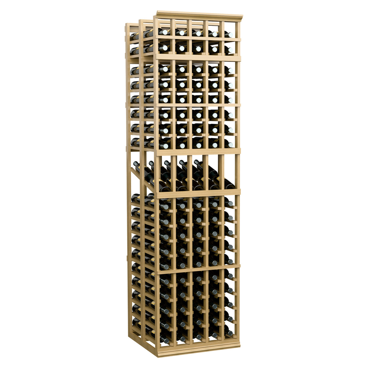 Natural wood 5-column double-deep wine display rack with stacked bottle openings