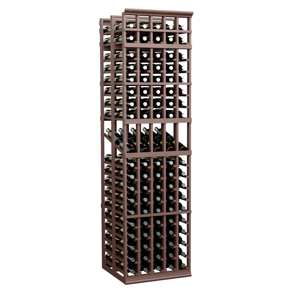Dark wood 5-column double-deep wine display rack with front bottle storage
