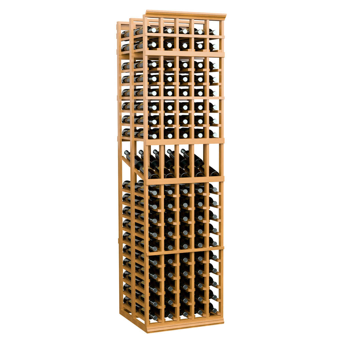 Honey wood 5-column double-deep wine display rack, visible bottle slots in columns