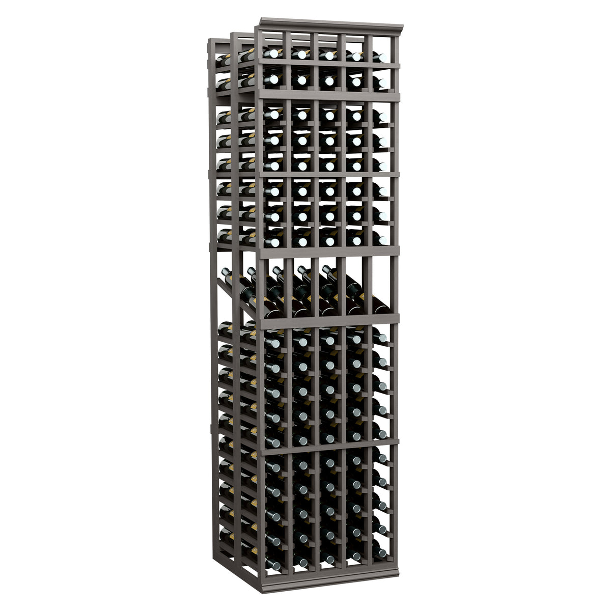 5-column double-deep wine display rack with dark frame and open bottle slots
