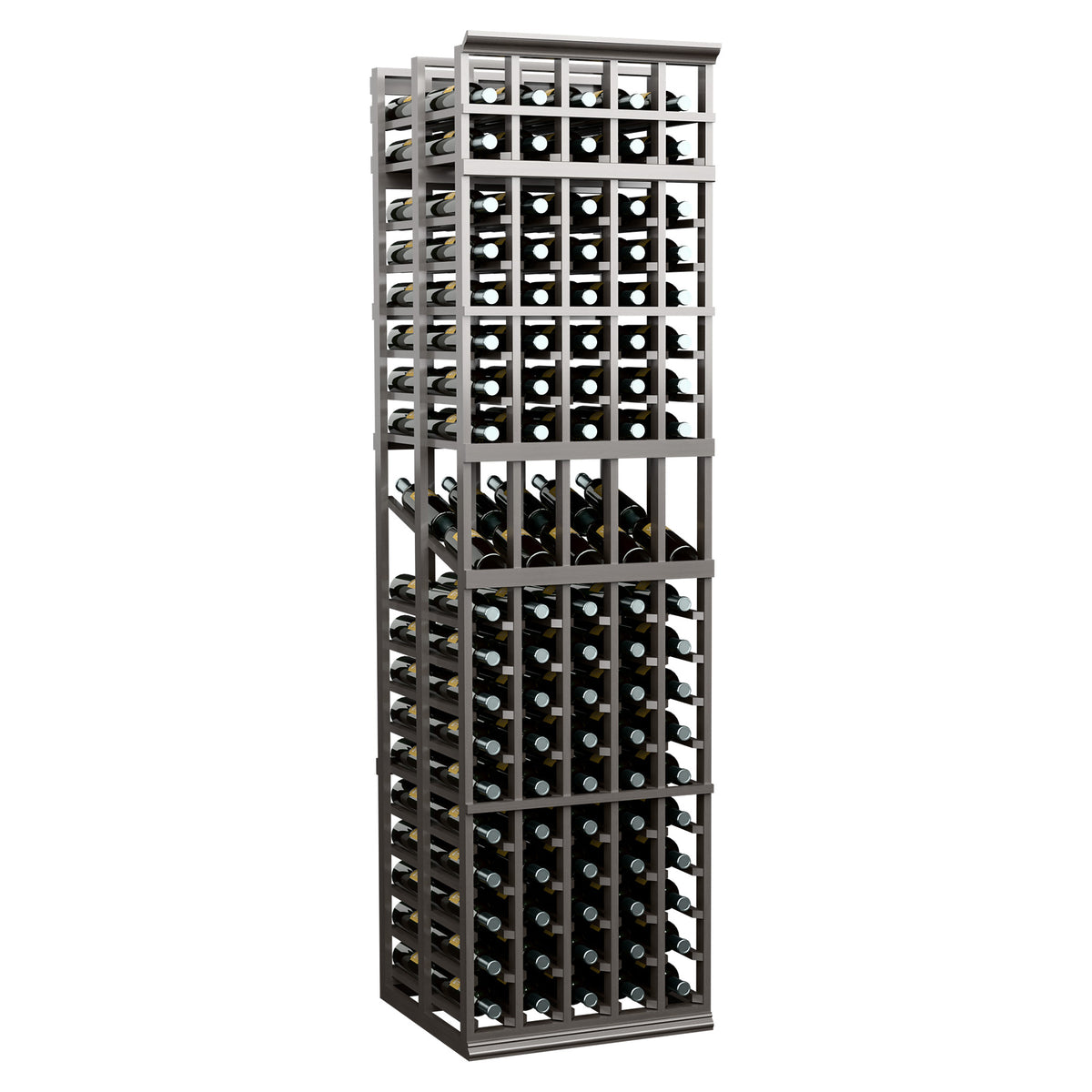 5-column double-deep wine display rack with dark frame, open bottle slots, slightly angled view