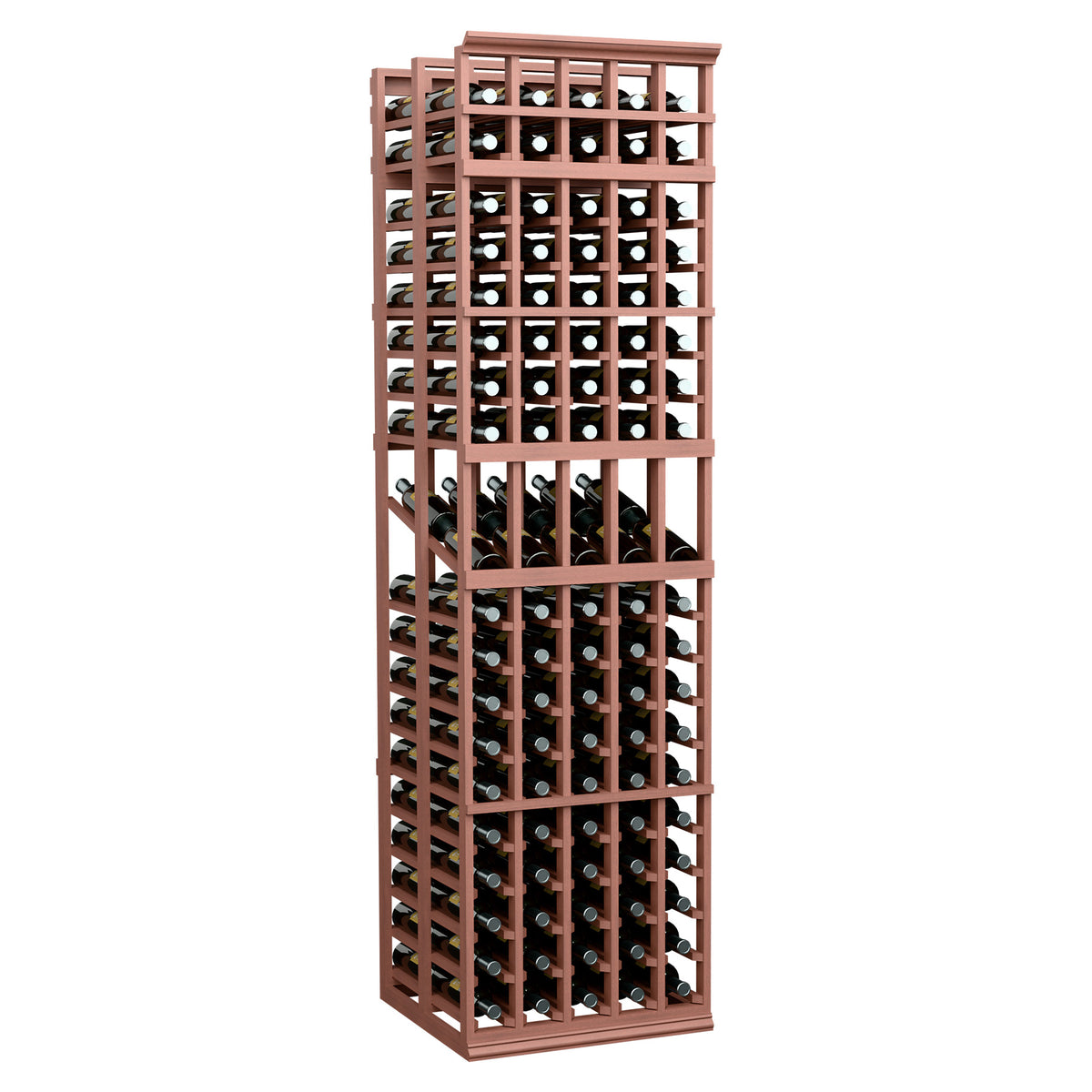 5-column double-deep wine display rack with reddish wood frame and open bottle slots