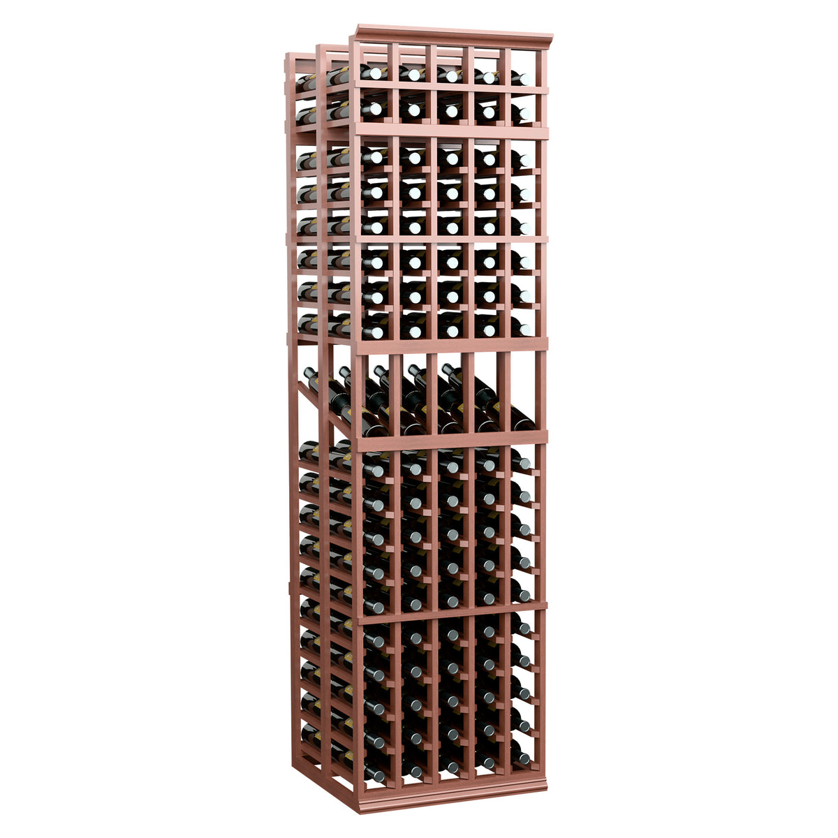 5-column double-deep wine display rack with reddish frame and open bottle slots, slightly angled view