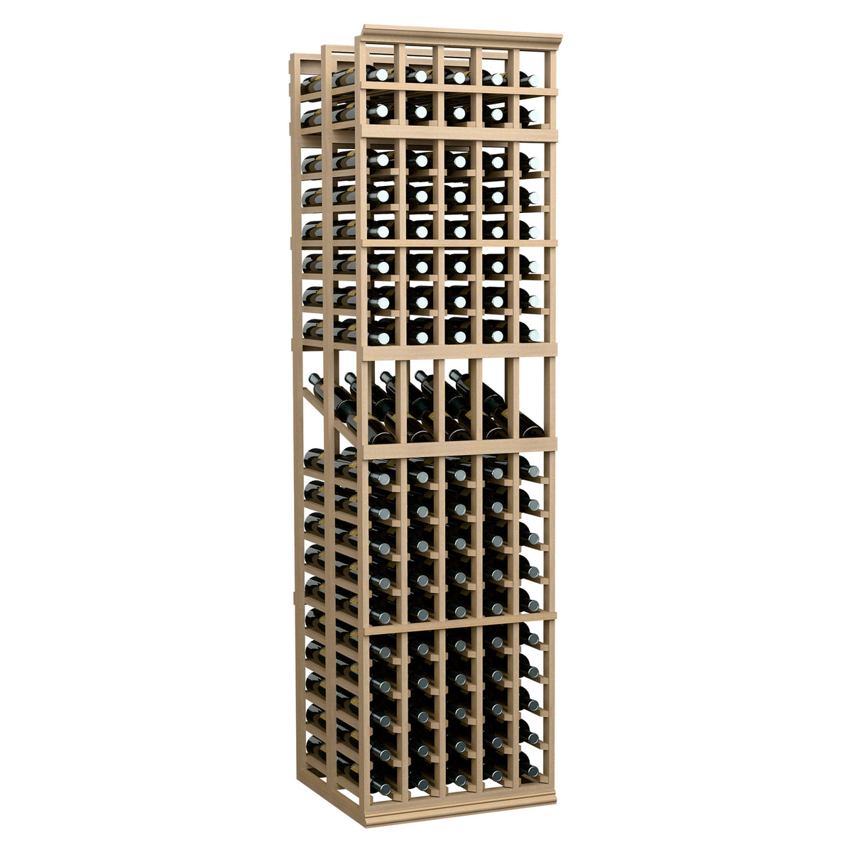5-column double-deep wine display rack with light wood frame and open bottle slots