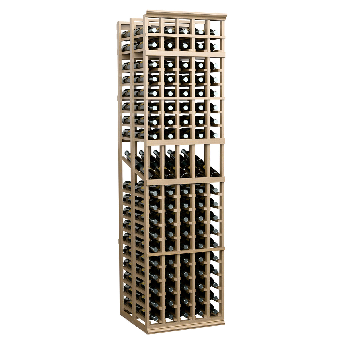 5-column double-deep wine display rack with light wood frame and open bottle slots, slightly angled view