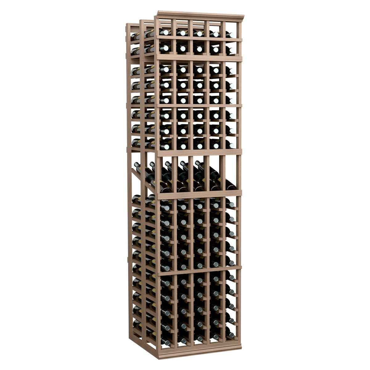 5-column double-deep wine display rack with light wood frame and open bottle slots, angled view