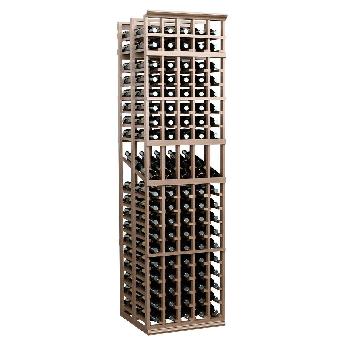 5-column double-deep wine display rack with light wood frame and open bottle slots, front view