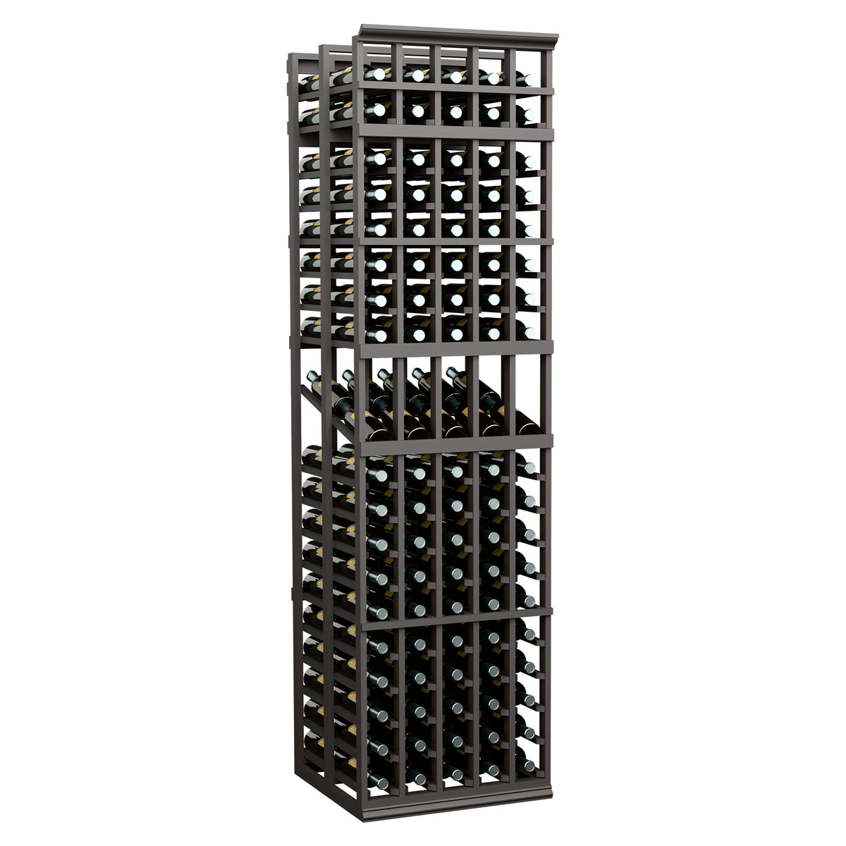 5-column double-deep wine display rack with dark frame and open bottle slots, full front