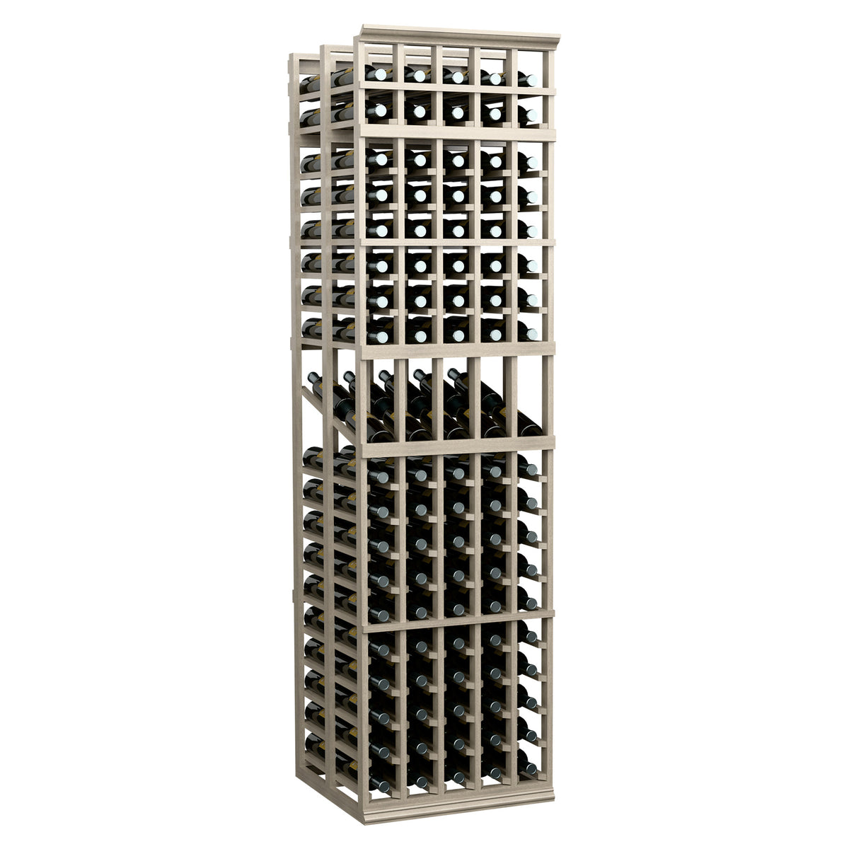 White-washed 5-column double-deep wine display rack with front bottle openings