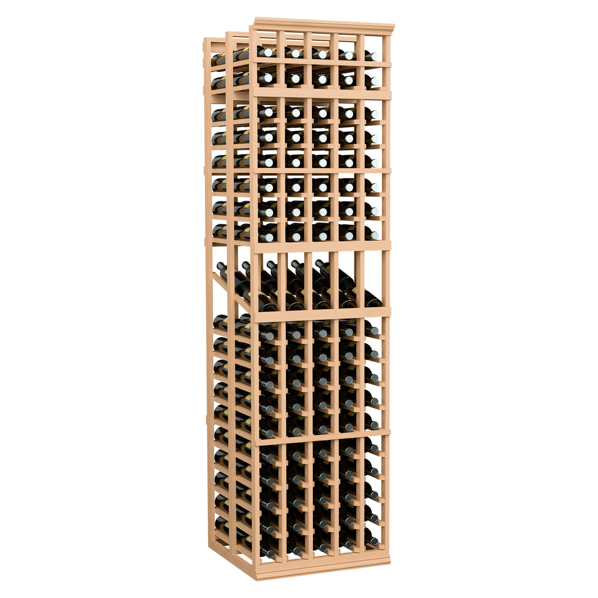Light wood 5-column double-deep wine rack with bottle display cubbies