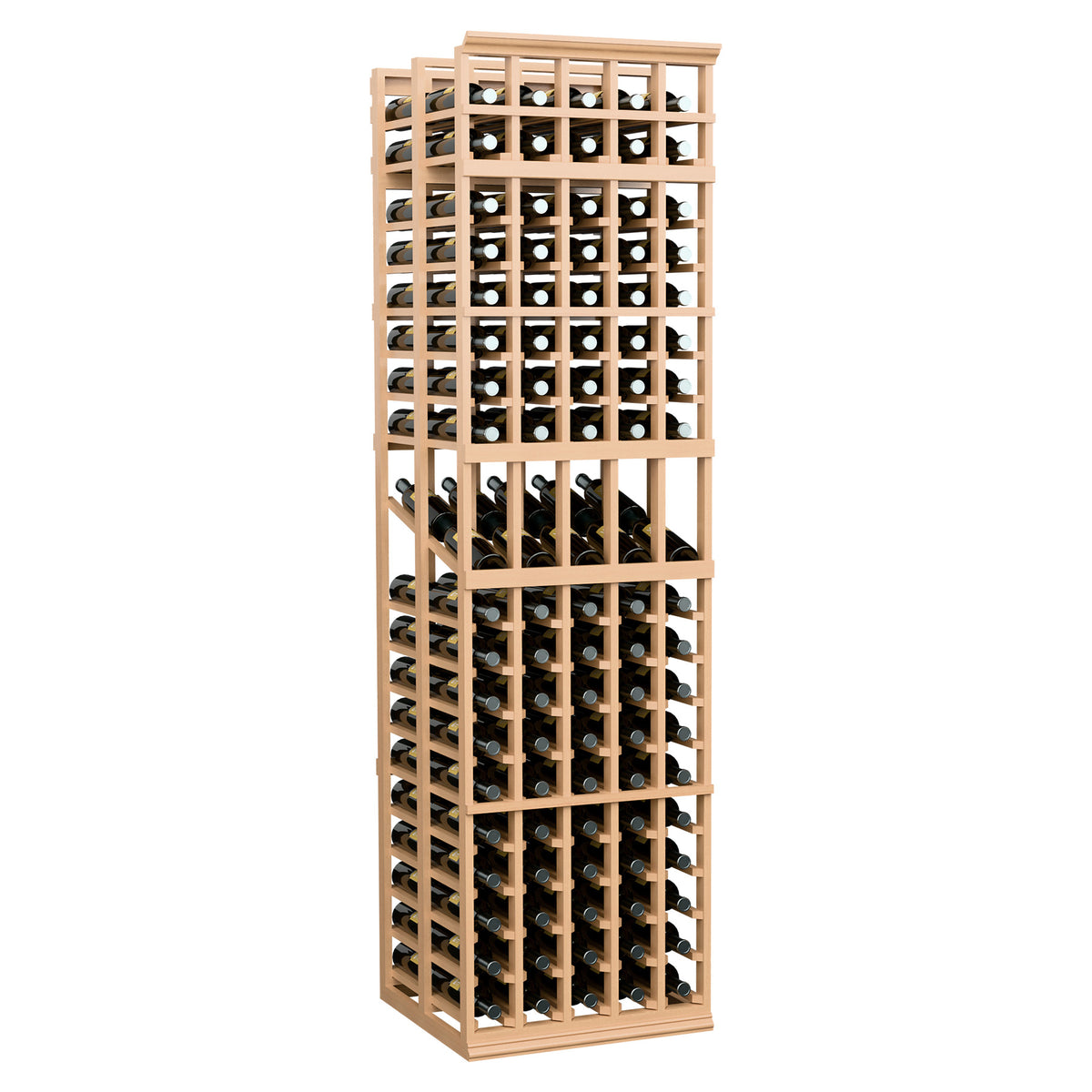 Light wood 5-column double-deep wine display rack with stacked bottle rows