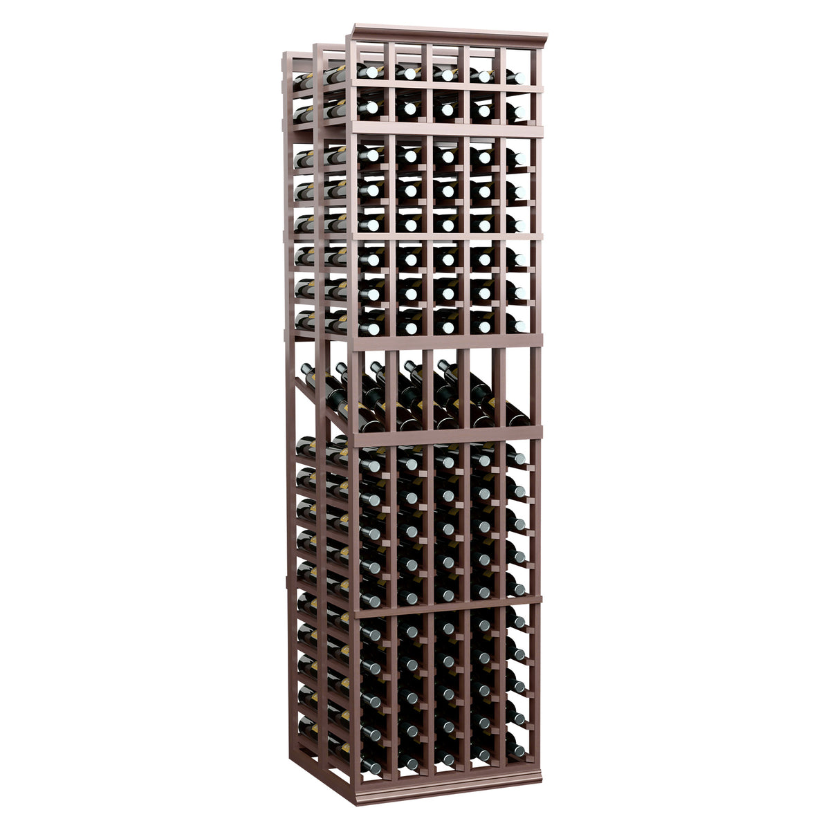 Dark brown 5-column double-deep wine display rack with front bottle openings