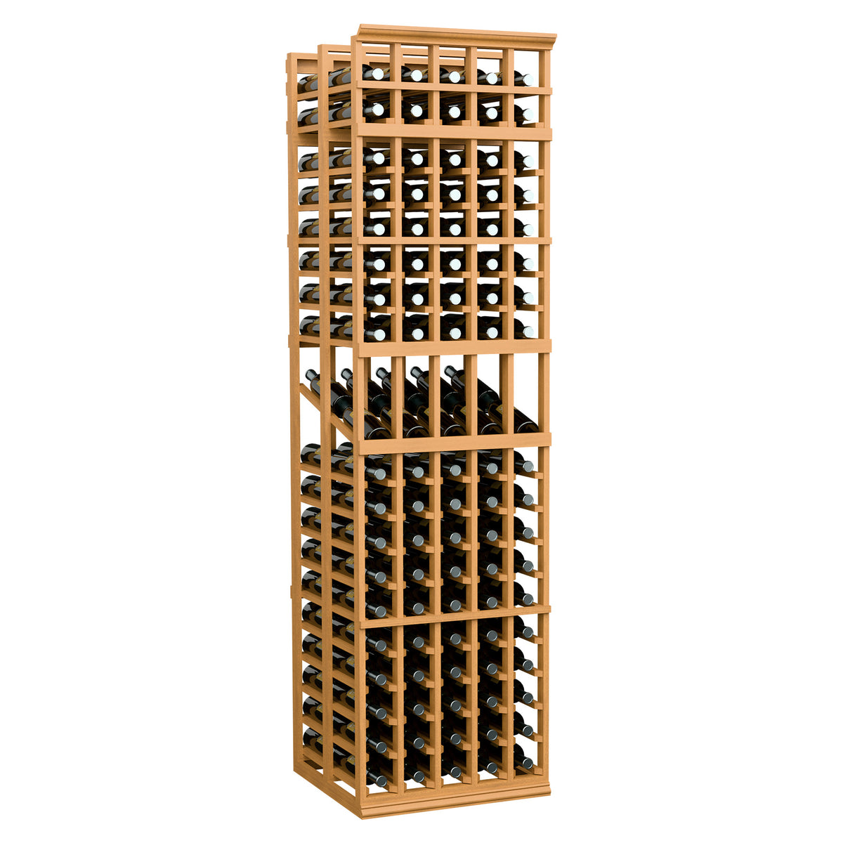 Natural wood 5-column double-deep wine rack with bottle display cubbies